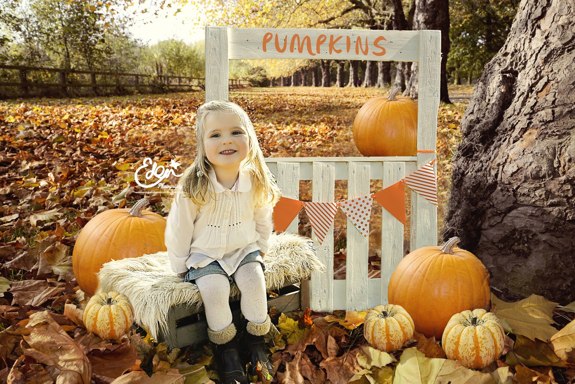Autumn Photography Liverpool - Girl sitting in front of pumpkin stand with pumkins